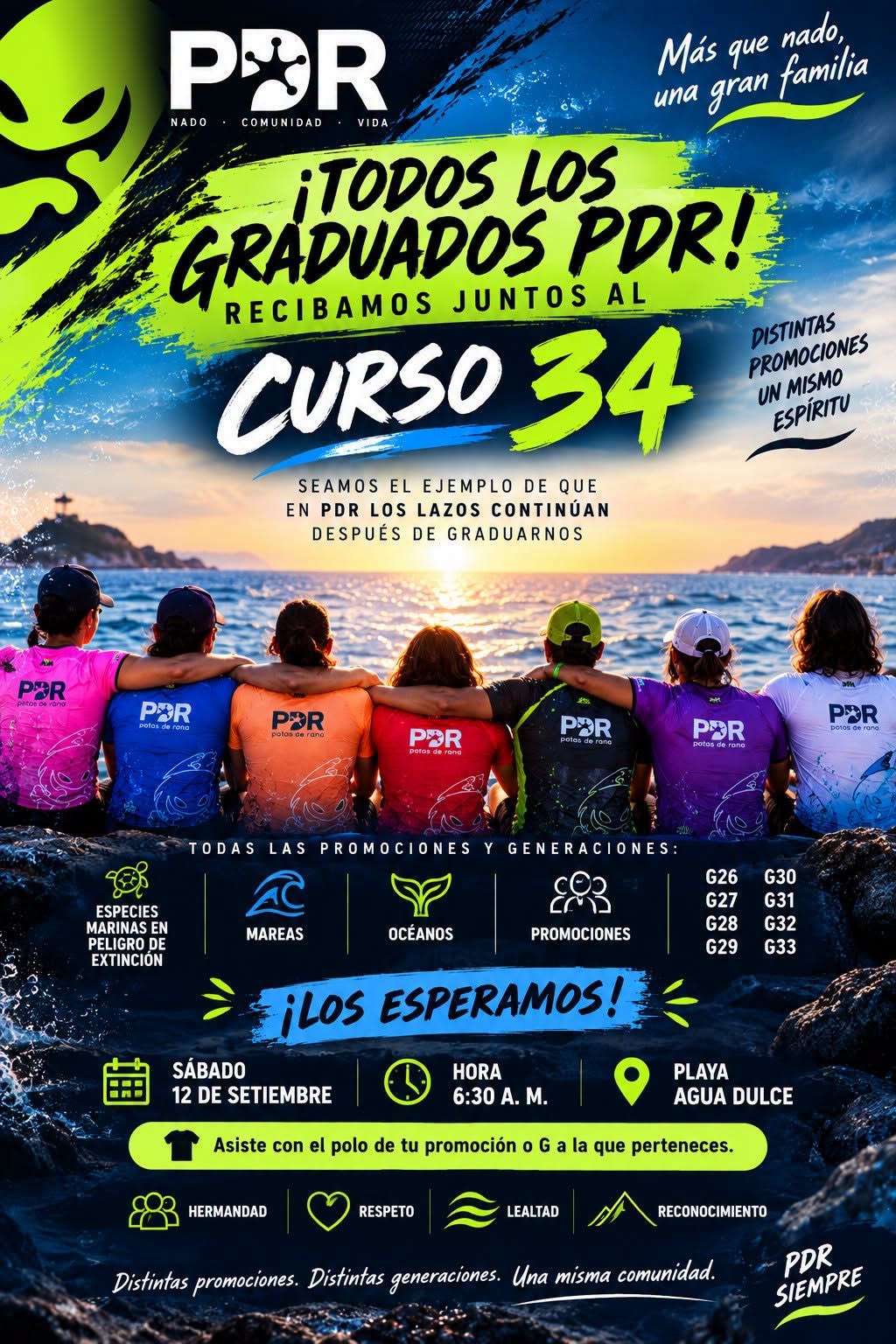 Graduados de Patas de Rana reunidos para recibir al Curso 34