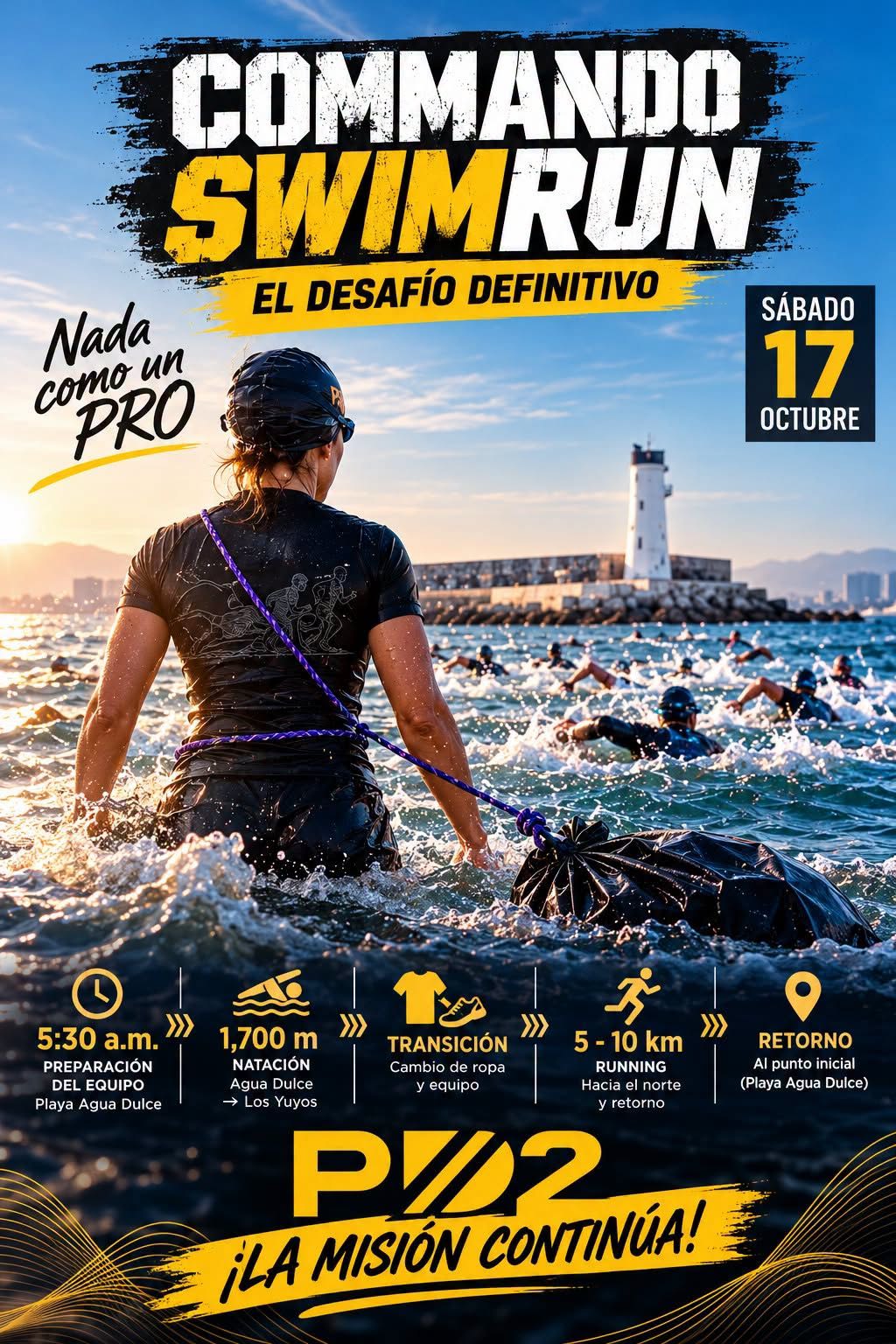 Comunidad PDR2 reunida en la playa para el entrenamiento Commando Swimrun